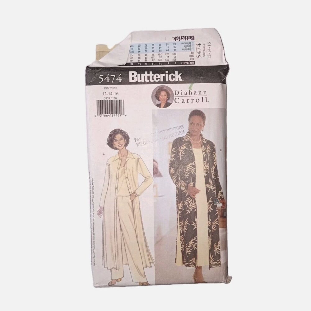 Butterick Diahann Carroll 5474 Pattern Misses Petite Duster Dress, Top & Pants